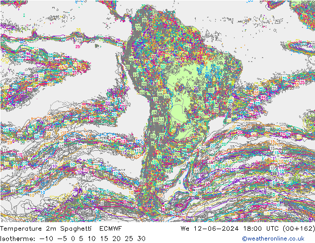 Temperatura 2m Spaghetti ECMWF mié 12.06.2024 18 UTC