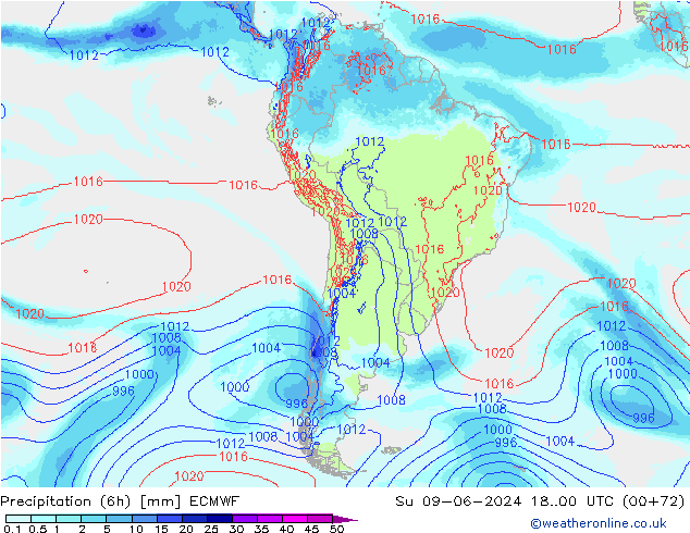 Precipitation (6h) ECMWF Su 09.06.2024 00 UTC