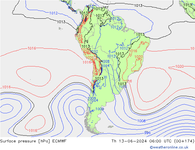 pressão do solo ECMWF Qui 13.06.2024 06 UTC