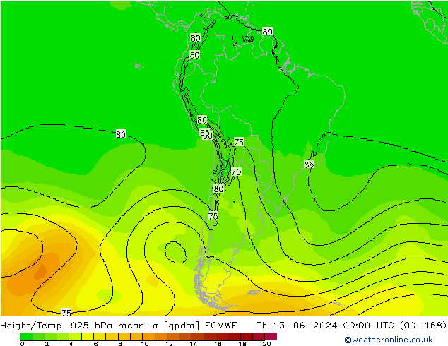 Height/Temp. 925 hPa ECMWF Čt 13.06.2024 00 UTC