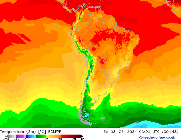Temperature (2m) ECMWF Sa 08.06.2024 00 UTC