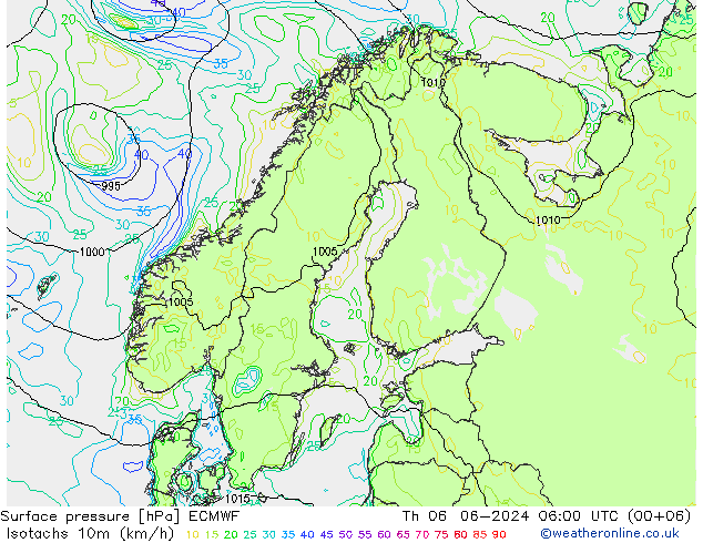 Isotachs (kph) ECMWF Qui 06.06.2024 06 UTC