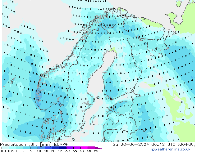 Precipitazione (6h) ECMWF sab 08.06.2024 12 UTC