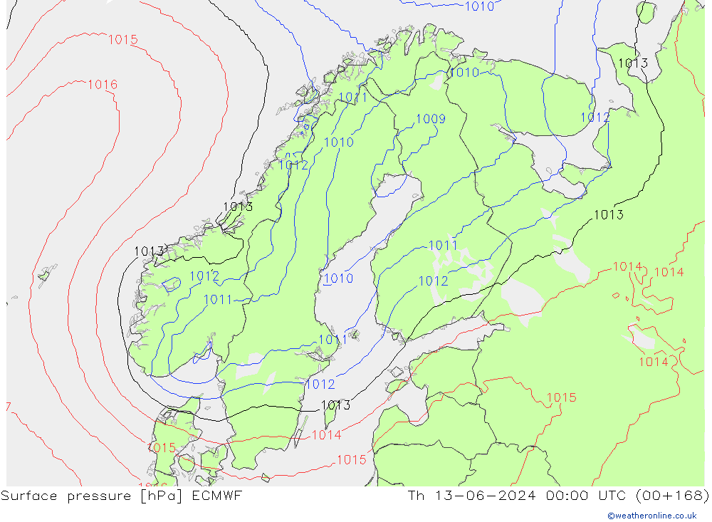 Pressione al suolo ECMWF gio 13.06.2024 00 UTC