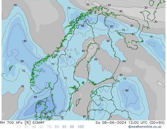 RH 700 hPa ECMWF sab 08.06.2024 12 UTC