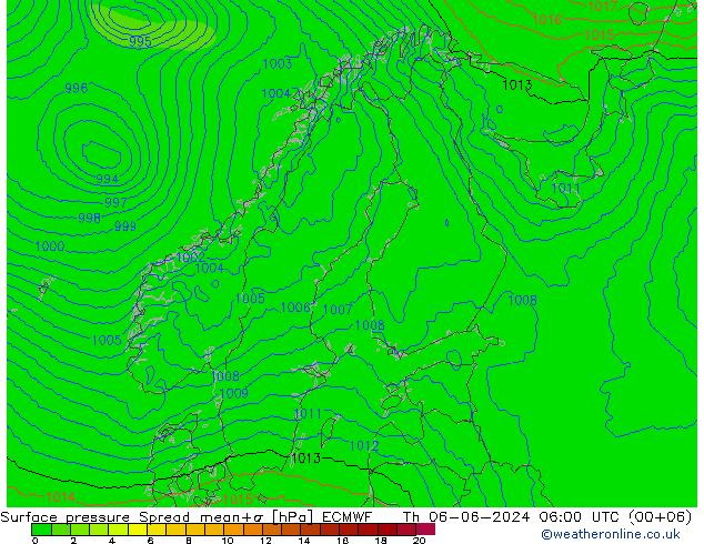 Presión superficial Spread ECMWF jue 06.06.2024 06 UTC