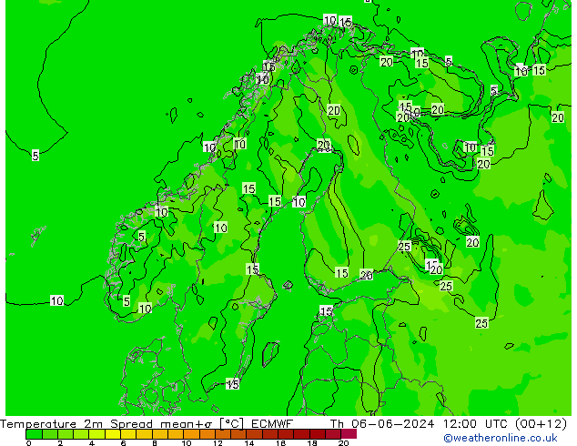 température 2m Spread ECMWF jeu 06.06.2024 12 UTC