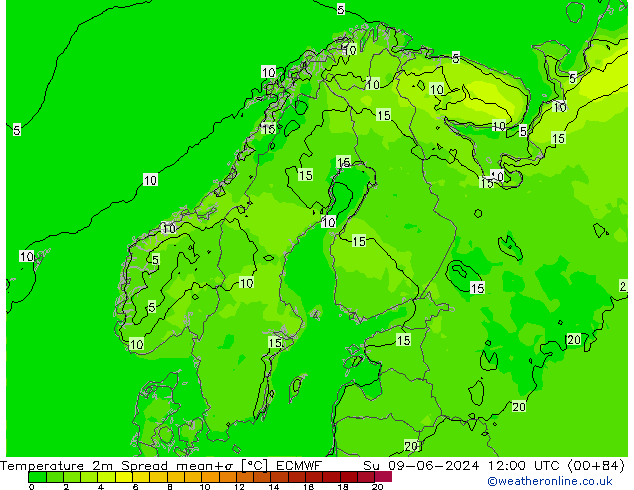 Temperatura 2m Spread ECMWF Dom 09.06.2024 12 UTC