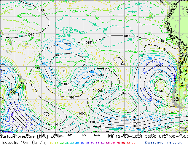 Isotachs (kph) ECMWF We 12.06.2024 06 UTC