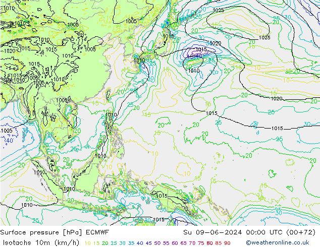 Isotachs (kph) ECMWF Dom 09.06.2024 00 UTC