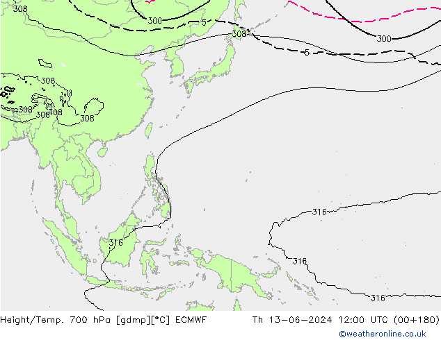 Height/Temp. 700 hPa ECMWF Do 13.06.2024 12 UTC