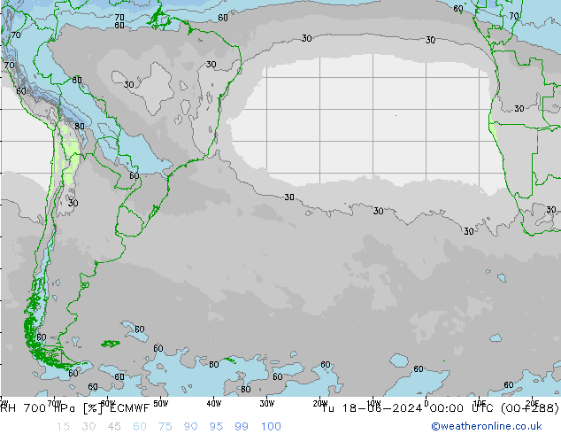 Humidité rel. 700 hPa ECMWF mar 18.06.2024 00 UTC