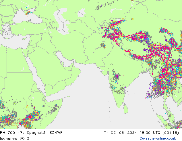 Humidité rel. 700 hPa Spaghetti ECMWF jeu 06.06.2024 18 UTC