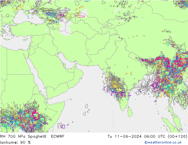 RH 700 hPa Spaghetti ECMWF Tu 11.06.2024 06 UTC