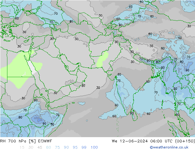 Humidité rel. 700 hPa ECMWF mer 12.06.2024 06 UTC