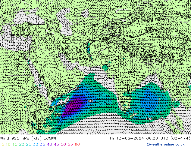 Viento 925 hPa ECMWF jue 13.06.2024 06 UTC