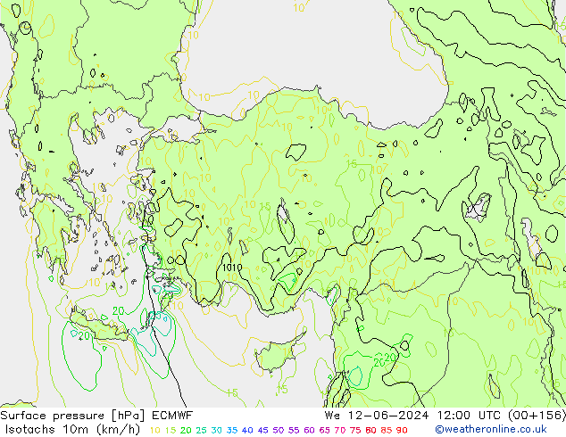 Isotachs (kph) ECMWF Qua 12.06.2024 12 UTC