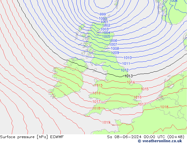 Presión superficial ECMWF sáb 08.06.2024 00 UTC