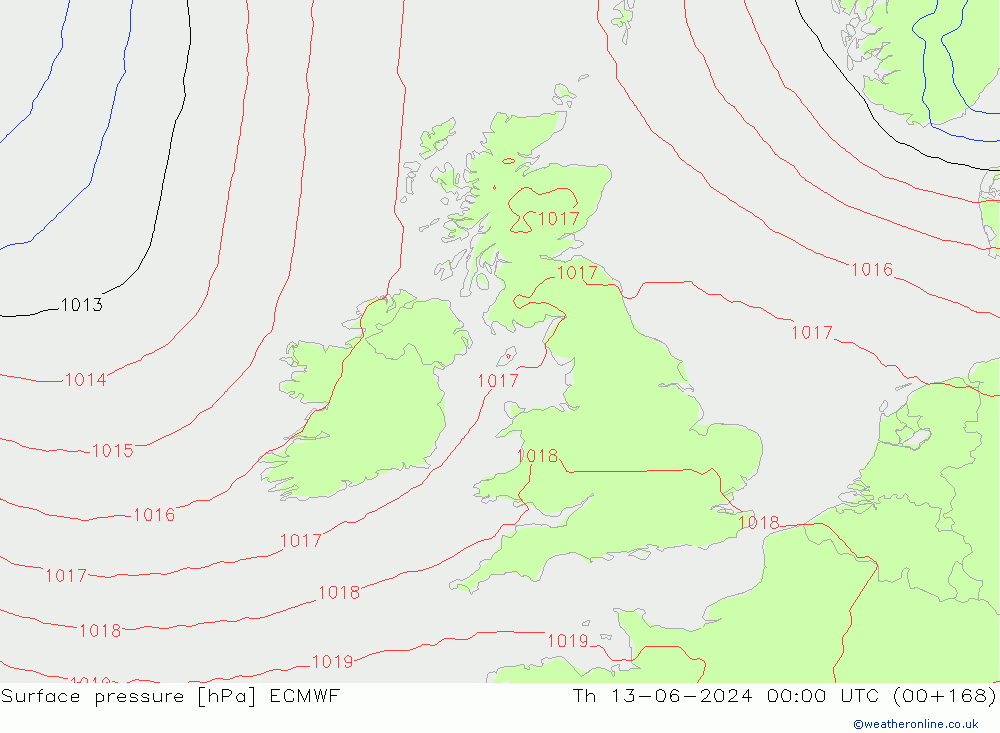 Surface pressure ECMWF Th 13.06.2024 00 UTC