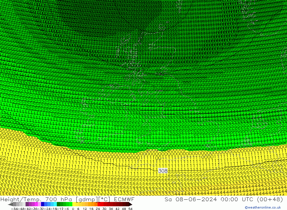 Height/Temp. 700 hPa ECMWF sab 08.06.2024 00 UTC