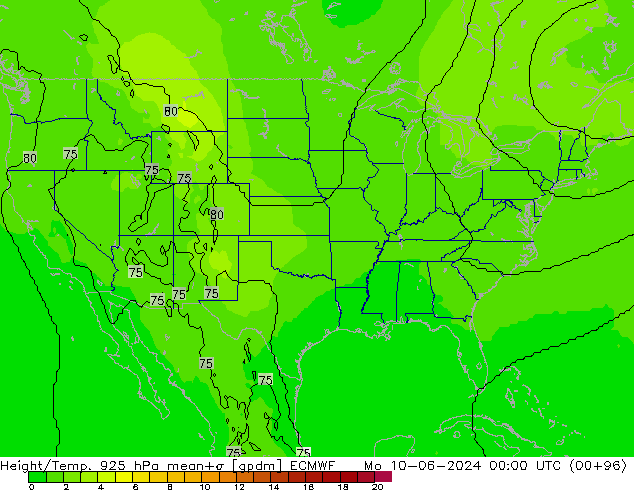 Height/Temp. 925 hPa ECMWF Mo 10.06.2024 00 UTC