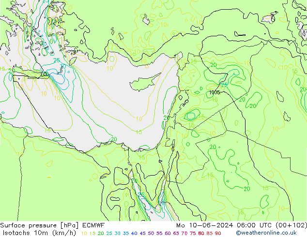 Isotaca (kph) ECMWF lun 10.06.2024 06 UTC