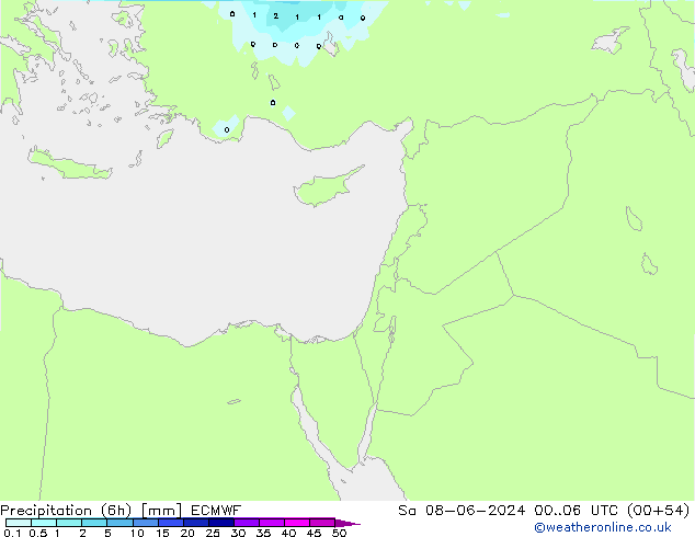 Totale neerslag (6h) ECMWF za 08.06.2024 06 UTC