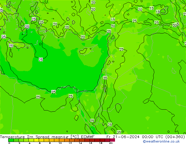 Temperatura 2m Spread ECMWF ven 21.06.2024 00 UTC