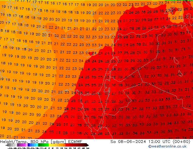 Height/Temp. 850 hPa ECMWF Sáb 08.06.2024 12 UTC