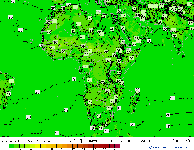 température 2m Spread ECMWF ven 07.06.2024 18 UTC