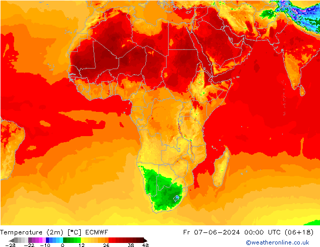 Temperatuurkaart (2m) ECMWF vr 07.06.2024 00 UTC