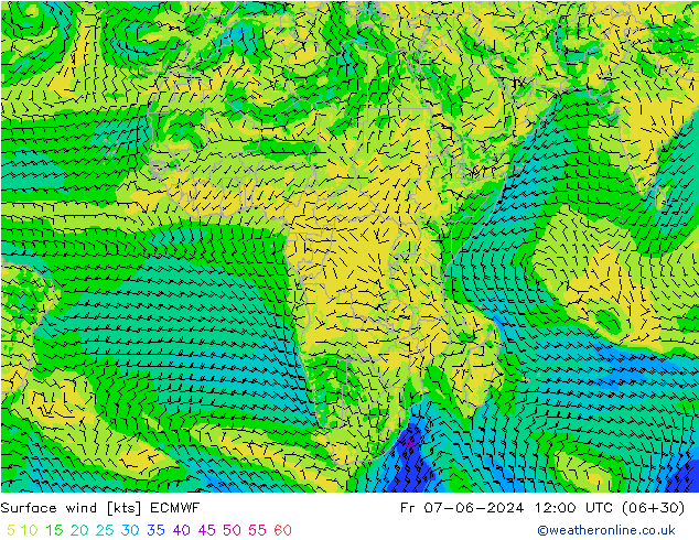 wiatr 10 m ECMWF pt. 07.06.2024 12 UTC