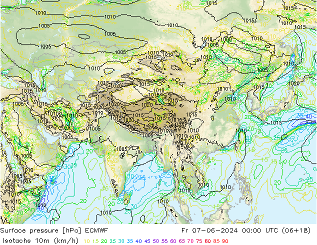 Isotachen (km/h) ECMWF vr 07.06.2024 00 UTC