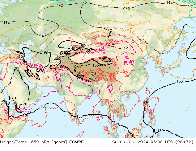 Hoogte/Temp. 850 hPa ECMWF zo 09.06.2024 06 UTC