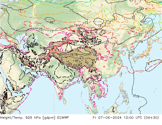 Height/Temp. 925 hPa ECMWF Fr 07.06.2024 12 UTC