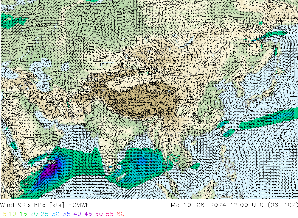 Wind 925 hPa ECMWF Po 10.06.2024 12 UTC