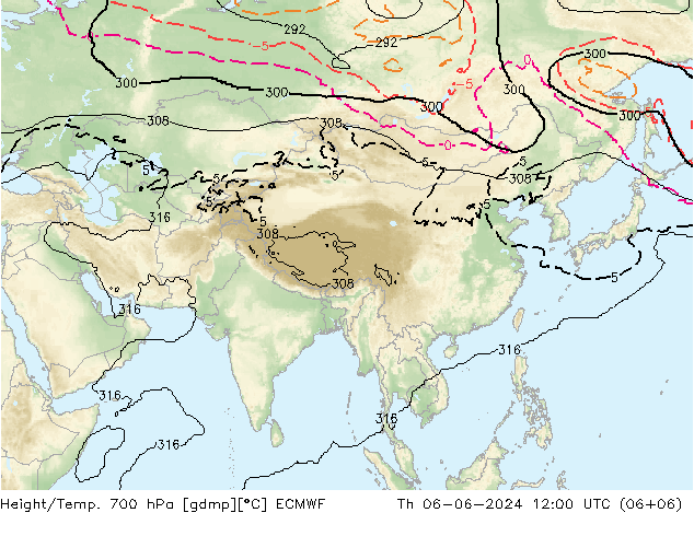 Geop./Temp. 700 hPa ECMWF jue 06.06.2024 12 UTC