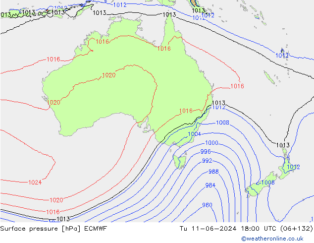 Surface pressure ECMWF Tu 11.06.2024 18 UTC