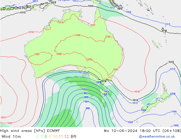 High wind areas ECMWF  10.06.2024 18 UTC