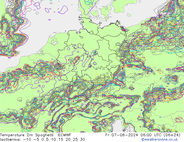 Temperatura 2m Spaghetti ECMWF Sex 07.06.2024 06 UTC