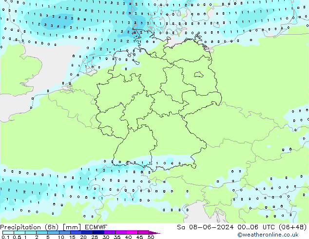 Precipitação (6h) ECMWF Sáb 08.06.2024 06 UTC