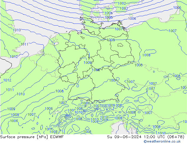 Atmosférický tlak ECMWF Ne 09.06.2024 12 UTC