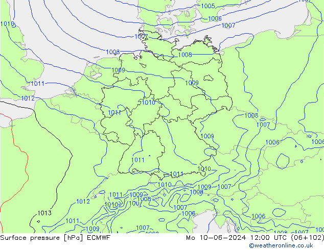 Luchtdruk (Grond) ECMWF ma 10.06.2024 12 UTC