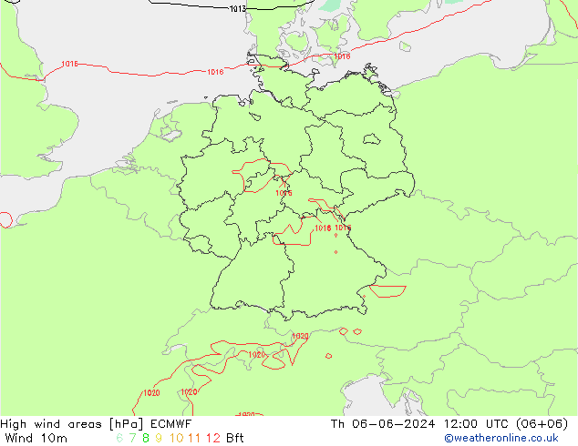 High wind areas ECMWF Čt 06.06.2024 12 UTC