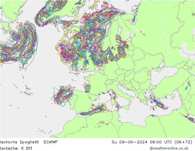 Isotachen Spaghetti ECMWF zo 09.06.2024 06 UTC