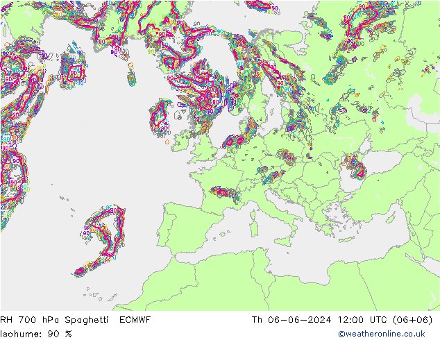 RH 700 hPa Spaghetti ECMWF Th 06.06.2024 12 UTC