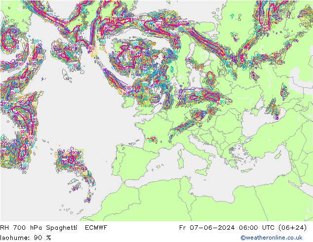 RH 700 hPa Spaghetti ECMWF Fr 07.06.2024 06 UTC