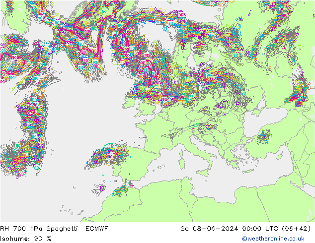 RH 700 hPa Spaghetti ECMWF sab 08.06.2024 00 UTC