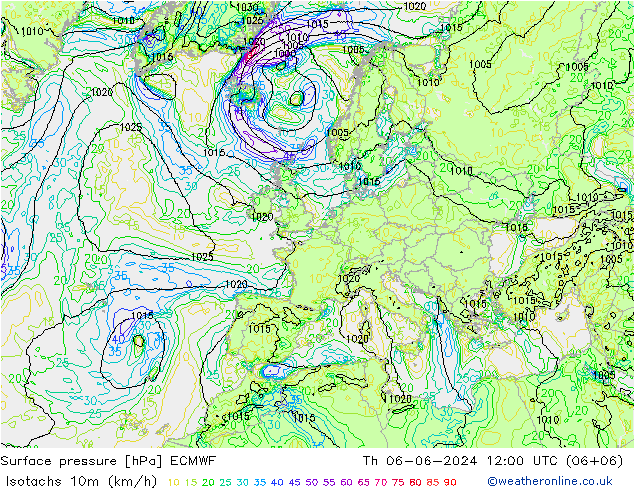 Isotachen (km/h) ECMWF do 06.06.2024 12 UTC