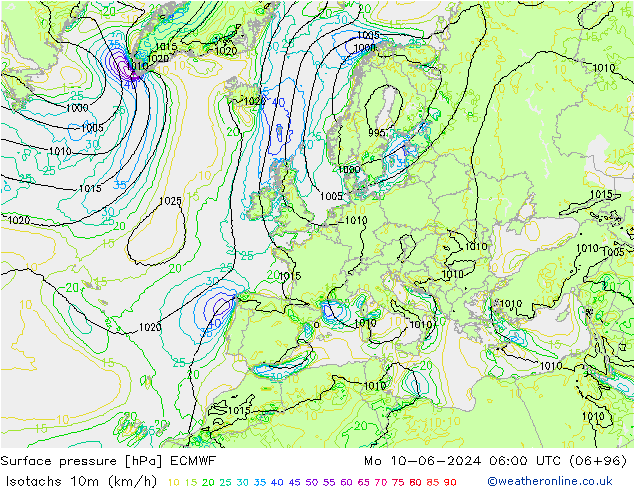 Isotachs (kph) ECMWF Po 10.06.2024 06 UTC